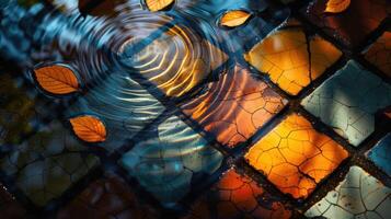 Tranquil water reflections on colorful tiles with autumn leaves, creating a serene atmosphere photo