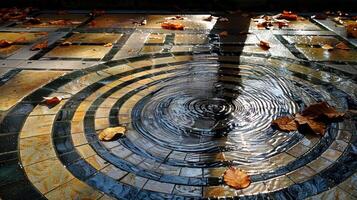 Circular patterns of rippling water with fallen leaves in a tranquil outdoor setting photo