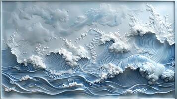 Intricate 3D Wave Relief Sculpture Depicting Ocean Dynamics with Textured Clouds photo