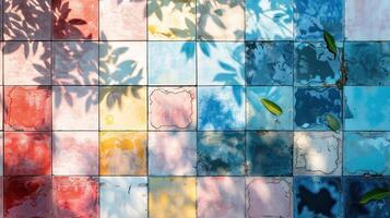 Colorful tiled surface with shadows and leaves, showcasing vibrant patterns and textures photo