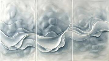 Abstract waves in soft blue and white tones create a serene atmosphere in a modern space photo