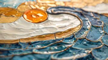Close-up view of a textured wave with a vibrant sun, showcasing intricate details and colors photo
