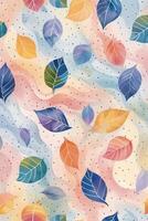 Colorful abstract pattern featuring various leaves on a soft pastel background with subtle textures photo