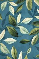 A vibrant pattern of green and light leaves on a textured blue background, ideal for design use photo