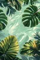 Lush green tropical leaves with varying shapes and sizes creating a vibrant background scene photo