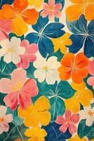 Vibrant floral pattern with colorful flowers in various shades against a light background photo
