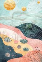 Abstract coastal landscape with colorful waves, shells, and celestial elements in a serene setting photo