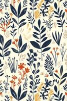 Vibrant floral pattern featuring various plants and flowers on a light background, ideal for textiles photo