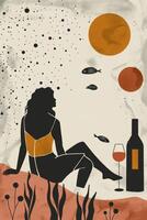 Silhouette of a woman enjoying wine by the water under a starry sky with floating fish photo