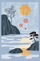 Serene landscape with abstract sun and trees reflecting in calm waters at sunset photo