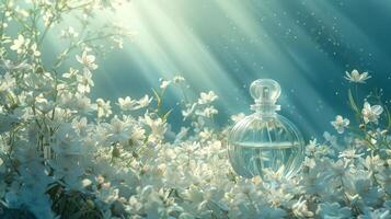 Elegant perfume bottle surrounded by delicate white flowers, illuminated by soft rays of sunlight photo