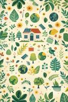 Colorful illustration of nature, home with solar panels, and various plants and Earth icons photo