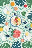 A vibrant and colorful flat lay of fresh fruits and salad on a tropical-themed table setting photo