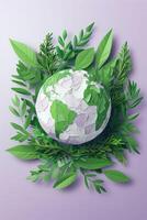 A vibrant globe made of recycled materials surrounded by lush green leaves on a soft purple background photo