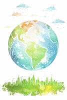 Colorful watercolor illustration of Earth with city skyline and clouds in the background photo