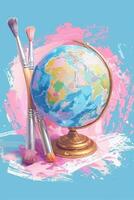 Vibrant globe with paintbrushes, symbolizing creativity and exploration on a colorful background photo
