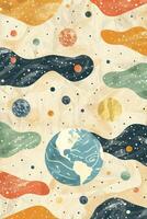 Abstract illustration of Earth surrounded by colorful planets and cosmic elements in space photo