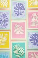 Colorful botanical art prints displayed in a modern gallery setting with vibrant backgrounds photo