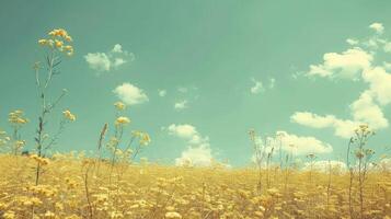 Vibrant yellow wildflowers sway gently in a sunny field under a bright blue sky with clouds photo