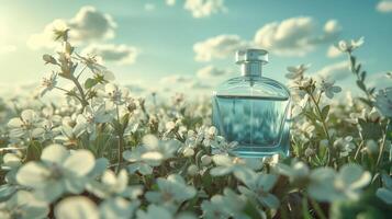 A serene glass perfume bottle surrounded by blooming white flowers under a bright sky photo