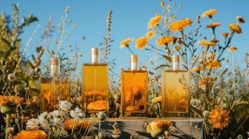 Four elegant glass bottles filled with golden liquid, surrounded by vibrant flowers under a clear sky photo