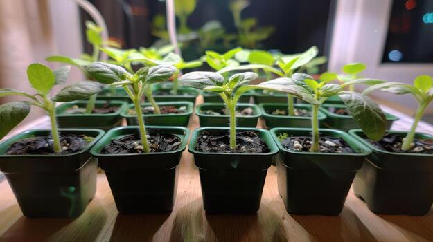 Young seedlings growing in small pots on a wooden table, illuminated by soft indoor lighting photo
