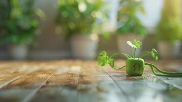Green plant sprouting from a small device on a wooden floor, with potted plants in the background photo