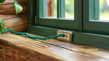 Close-up of a decorative window with a green cord plugged into a rustic wooden outlet photo