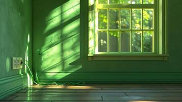 Bright green room with sunlight streaming through window, showcasing shadows and power outlet photo