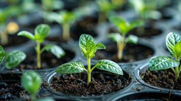 Close-up of young green seedlings growing in black plastic trays on a sunny day photo