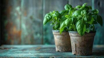 Fresh basil plants in rustic pots on a weathered wooden table with a textured background photo