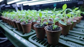 Close-up view of young seedlings in small pots under grow lights in a greenhouse setting photo