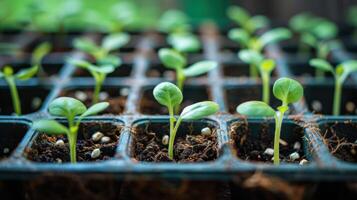 Close-up of young seedlings growing in trays, showcasing vibrant green leaves and soil photo
