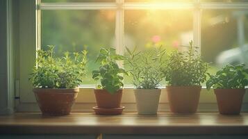 Sunlit kitchen window showcasing various potted herbs, creating a serene atmosphere indoors photo