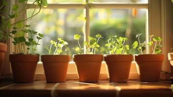 Sunlit window with potted plants showcasing vibrant growth and greenery in a cozy interior photo
