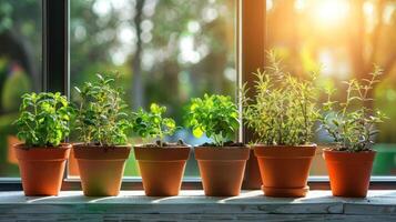 Lush green herbs in terracotta pots on a sunlit windowsill with a vibrant garden backdrop photo