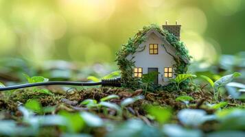 Miniature eco-friendly house surrounded by greenery with a power cord in a natural setting photo