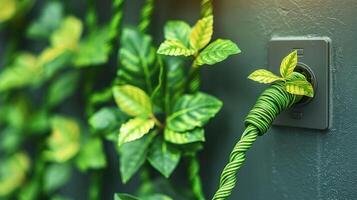 A vibrant green plant intertwines with an electrical outlet, symbolizing nature and technology fusion photo