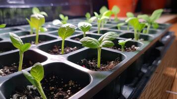 Close-up view of healthy seedlings growing in trays indoors, with sunlight filtering through photo