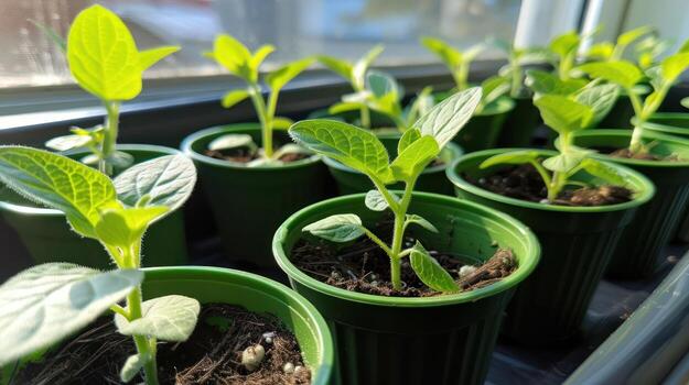 Young green plants growing in small pots on a sunny windowsill with natural light enhancing their growth photo