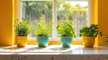 Bright indoor scene showcasing four vibrant potted herbs on a sunny windowsill with greenery outside photo