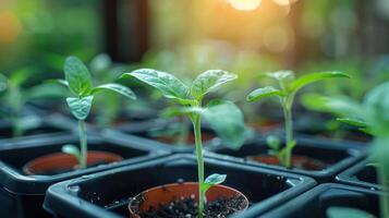 Close-up of young green seedlings growing in small pots with sunlight filtering through trees photo