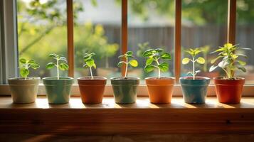 Indoor garden scene showcasing a variety of young plants growing in colorful pots by a sunny window photo