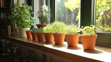 Fresh herbs and plants in terracotta pots arranged on a sunlit windowsill in a cozy kitchen photo
