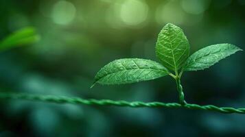 Close-up of vibrant green leaves entwined on a delicate vine in a lush forest setting photo