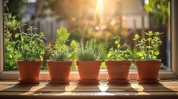 Sunlit window with five potted herbs showcasing vibrant greenery and soft background garden light photo