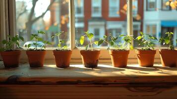 Sunlight streaming through a window illuminates small potted plants on a wooden sill, showcasing growth photo