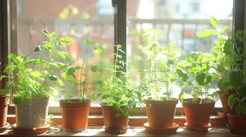 Sunlit indoor garden with various potted herbs on a windowsill, showcasing vibrant greenery photo