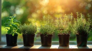 Vibrant herb garden on a sunny windowsill with lush greenery and soft bokeh background photo
