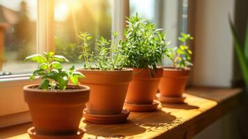 Sunlit indoor garden with potted herbs on a wooden windowsill, showcasing vibrant greenery photo